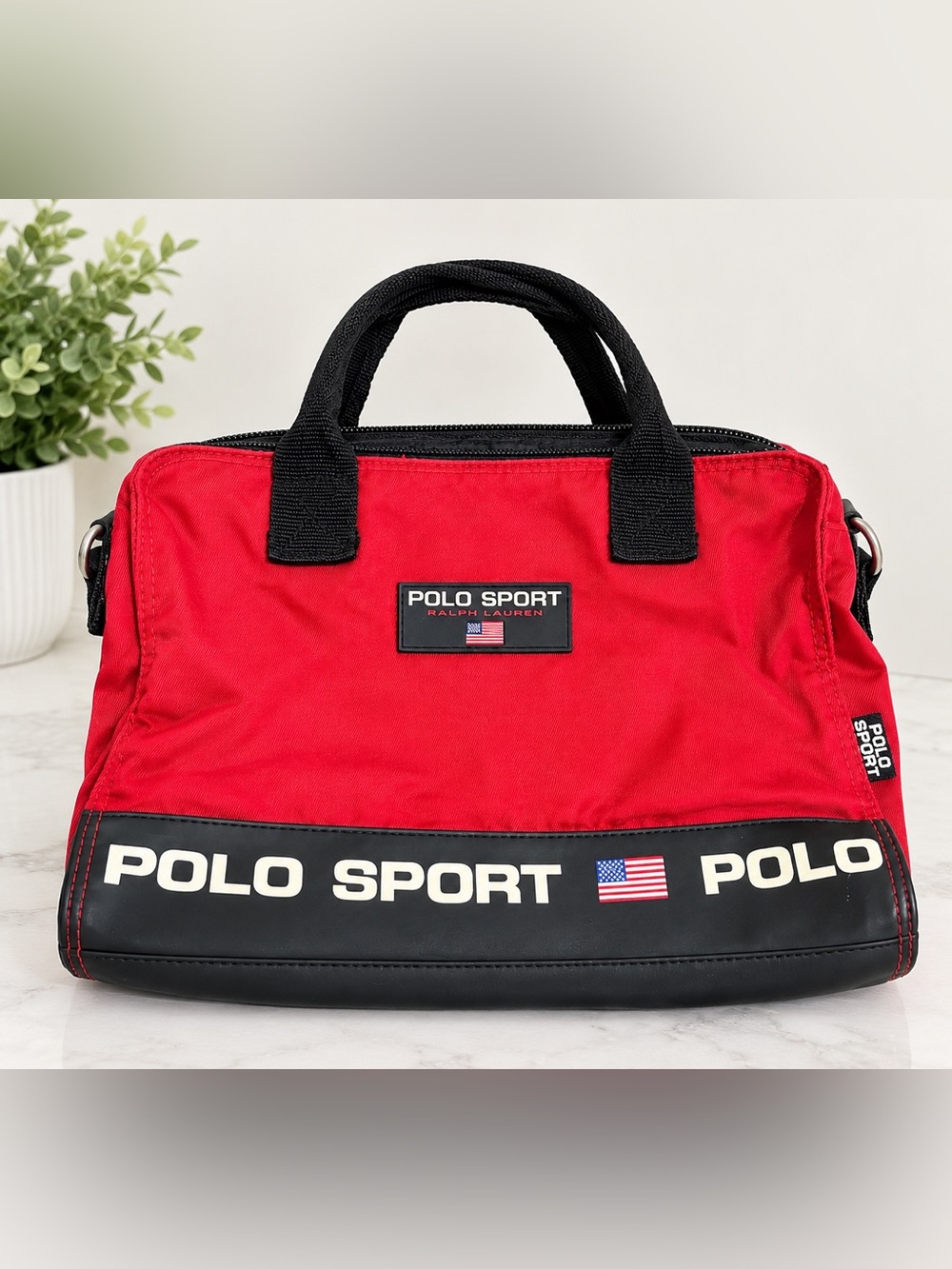 Vintage 90s Polo Sport Ralph Lauren Red Black Tote Bag Y2K USA Flag